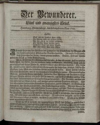 Fünf und zwanzigstes Stück. Hamburg, Donnerstags, den siebenzehnten May 1742.