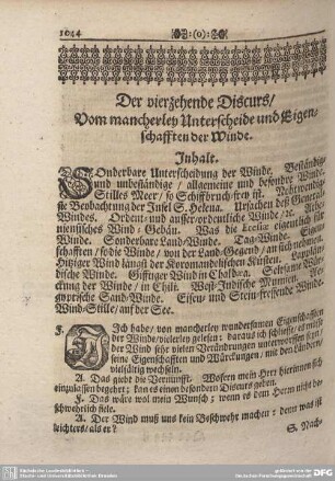 Der vierzehende Discurs/ Vom mancherley Unterscheide und Eigenschafften der Winde.