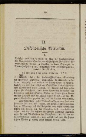 1. Auszüge aus den Berichten über die Verhandlungen der ökonomischen Section der Schlesischen Gesellschaft für vaterländische Cultur zu Breslau in deren Sitzungen im Winterhalbjahre 1831