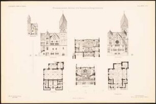 Protestantische Kirche mit Versammlungsräumen: Vorderansicht, Rückansicht, Seitenansicht, Längsschnitt, Querschnitt, Grundriss EG, 1. OG (aus: Entwürfe von Mitgl. d. AVB, Neue Folge 1897/98)