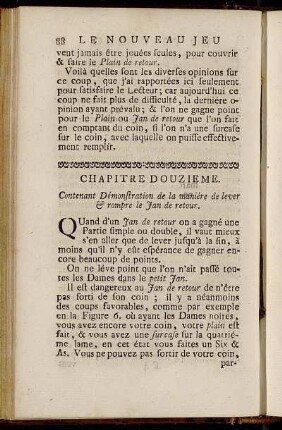 Chapitre Douzieme. Contenant Démonstration de la maniére de lever & rompre le Jan de retour