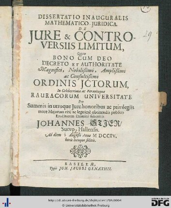 Dissertatio Inauguralis Mathematico-Juridica. De Jure & Controversiis Limitum