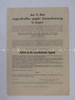 Flugblatt mit dem Aufruf zu einem Jugendtreffen gegen den Generalvertrag in Essen, bei dem der FDJler Philipp Müller von der Polizei erschossen wurde
