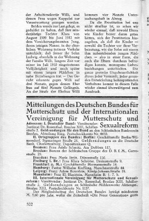 Mitteilungen des Deutschen Bundes für Mutterschutz und der Internationalen Vereinigung für Mutterschutz und Sexualreform