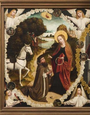 Marienaltar — Drei Darstellungen aus dem Bilderkreis der Rosenkranzandacht — Die heilige Jungfrau übergibt einen Rosenkranz an einen Mönch oder Ritter