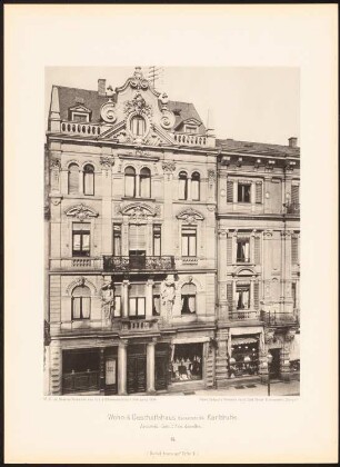 Wohn- und Geschäftshaus Kaiserstraße, Karlsruhe: Ansicht (aus: Moderne Neubauten, 1.Jg., 1894, hrsg. W. Kick)