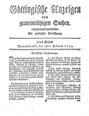 7tes Stück. Sonnabends, den 13ten Februar 1773.