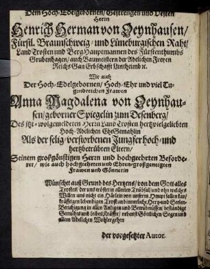 Dem Hoch-Edelgebornen, Gestrengen und Vesten Herrn Henrich Hermann von Oeynhausen [...] Wie auch [...] Frawen Anna Magdalena von Oeynhausen [...]