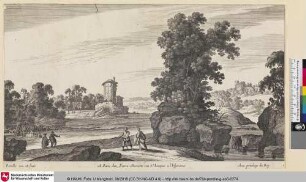 [Flusslandschaft mit Wanderern am Ufer und einer Ruine im Hintergrund]