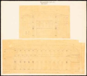 Moschee Eski Djouma, Thessaloniki: Durchzeichnung, zwei Blätter: Querschnitt, Längsschnitt, Maßstabsleiste (Feet), nach Charles Texier und Richard P. Pullan, XLIII