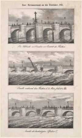 Einsturz des fünften Pfeilers (mit Kruzifix) der Elbbrücke (alte Augustusbrücke) in Dresden während des Hochwassers im März 1845