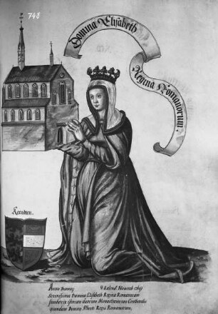 Ehrenspiegel des Hauses Österreich — Domina Elisabeth Regina Romanorum mit Wappen von Kerndten, Folio 205recto