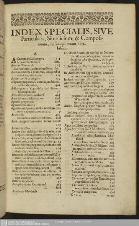 Index Specialis, Sive Particulis, Simplicium & Compositorum, aliarumque rerum notabilium
