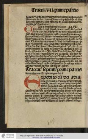Tractatus septimus prime partis de matrimonio. Et habet duas partes sub se.