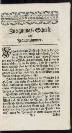 Zueignungs-Schrift ans Frauenzimmer