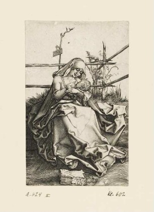 Maria auf der Rasenbank, das Kind stillend