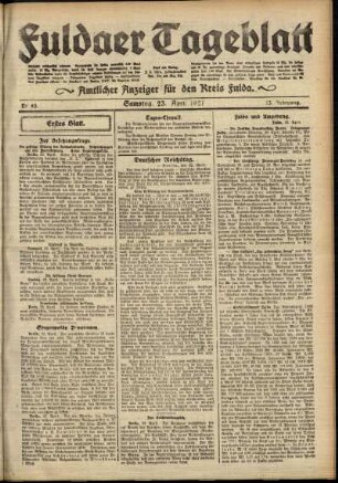 Erste Ausgabe vom Samstag, den 23. April 1921.