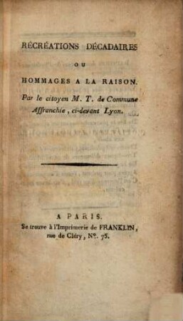 Récréations Décadaires Ou Hommages A La Raison