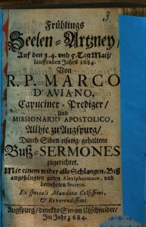 Frühlings Seelen-Artzney auf den 3. 4. und 5. Tag Maij, betreffenden Jahrs 1684