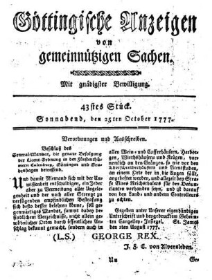 43stes Stück. Sonnabend, den 25ten October 1777.