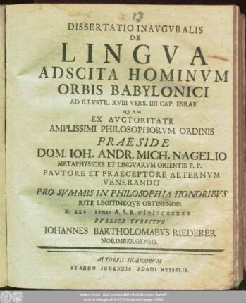 Dissertatio Inavgvralis De Lingva Adscita Hominvm Orbis Babylonici Ad Illvstr. XVIII. Vers. IIII. Cap. Esrae