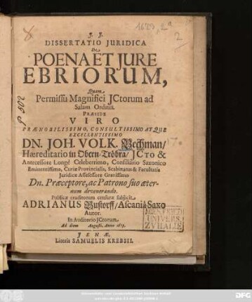 Dissertatio Iuridica De Poena Et Iure Ebriorum