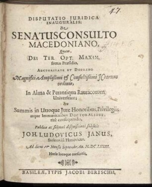 Disputatio Iuridica Inauguralis: De Senatusconsulto Macedoniano