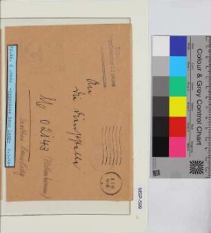 Dienstbrief an Feldpostnr. 02143 (Flottenkommando), Schiffsname/Landeinheit: Z 10 / Hans Lody; Frankatur, Mi.-Nr.: [Keine]; Poststempel: Masch.-Stpl: a 8 3 40; Nebenstempel: Briefstempel Feldpost-Nr. M 24888