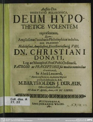 Dissertatio philosophica, deum hypothetice volentem repraesentans