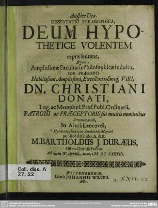 Dissertatio philosophica, deum hypothetice volentem repraesentans