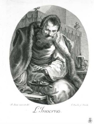 L'Inverno : Zucchi, Lorenzo (1704-1779) nach Kern, Anton (1710-1747). L'Inverno. Kupferstich; 22,8 x 20,3 cm. Dresden: Kupferstich-Kabinett A 23366 in A 412,3