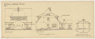 Siedlungsplan der Heimstättengesellschaft Primus Wittenau, Berlin-Reinickendorf: Wohnhaus Typ 1: Vorderansicht, Rückansicht, Schnitt 1:50