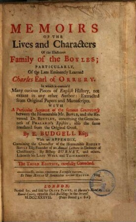Memoirs of the lives and characters of the illustrious family of the Boyles : particularly of the late eminently learned Charles Earl of Overy