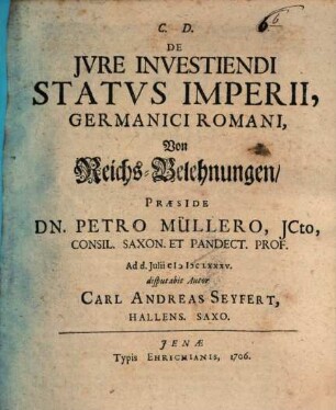 De iure Investiendi Status Imperii, Germanici Romani : Von Reichs-Belehnungen