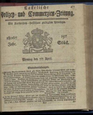 1806tes Jahr. 15tes Stück. Montag den 7ten April