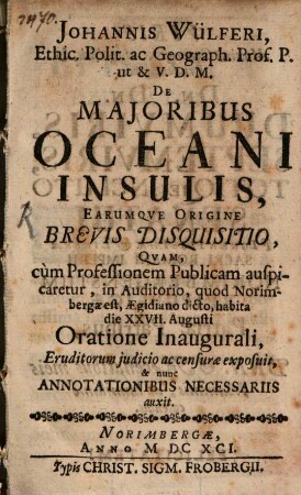 De maioribus Ocean insulis disquisitio