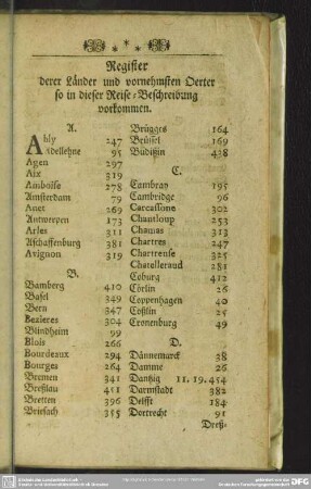 Register derer Länder und vornehmsten Oerter so in dieser Reise-Beschreibung vorkommen