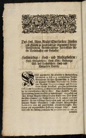 An Eine Hochlöbl. Allgemeine Reichs-Versammlung ...