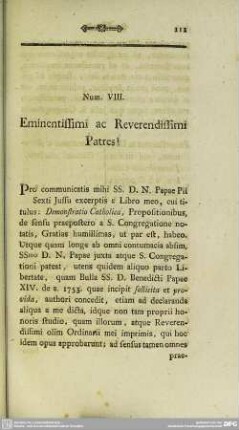 Num VIII. Eminentissimi ac Reverendissimi Patres!
