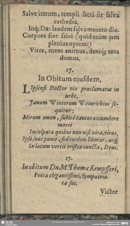 18. In obitum Dn. M. Thomae Kempfferi, Poetae elegantissimi, Sympatriotae sui