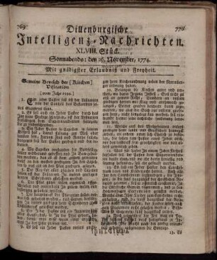 Sonnabends: den 26. November 1774.