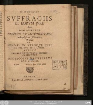 Dissertatio De Suffragiis Et Eorum Iure
