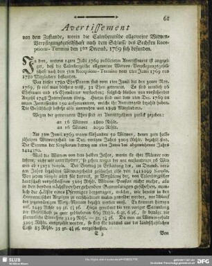 Avertissement von dem Zustande, worin die Calenbergische allgemeine Witwen-Verpflegungsgesellschafft nach dem Schlusse des Sechsten Receptions-Termini den 1ten Decemb. 1769 sich befunden : [Hannover, den 14ten März 1770. Im Fürstenthum Calenberg verordnete Land- und Schatz-Räthe, auch Schatz-Deputirte]