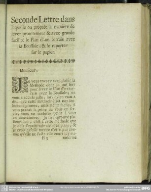 Seconde Lettre dans laquelle on propose la maniere de lever promtement & avec grande facilité le Plan d'-un terrain avec la Boussole, & le raporter sur le papier