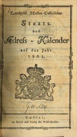 Landgräflich-Hessen-Casselischer Staats- und Adreß-Calender. 1801