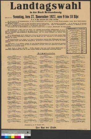 Bekanntmachung der Stadt Braunschweig zur Organisation der Landtagswahl am 27. November 1927