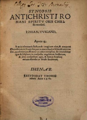 Synopsis Antichristi Romani Spiritv Oris Christi reuelati