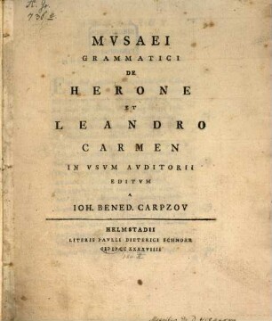 Musaei Grammatici De Herone Et Leandro Carmen