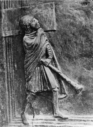 Hildesheim, Dom St. Maria, Bronzetür, sog. Bernwardstür, linker Flügel, 8. Feld v. o., Brudermord, Kain erschrickt vor Gott (Detail)