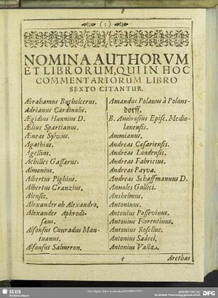 Nomina Autorum, Et Librorum, Qui In Hoc Commentariorum Libro Sexto Citantur